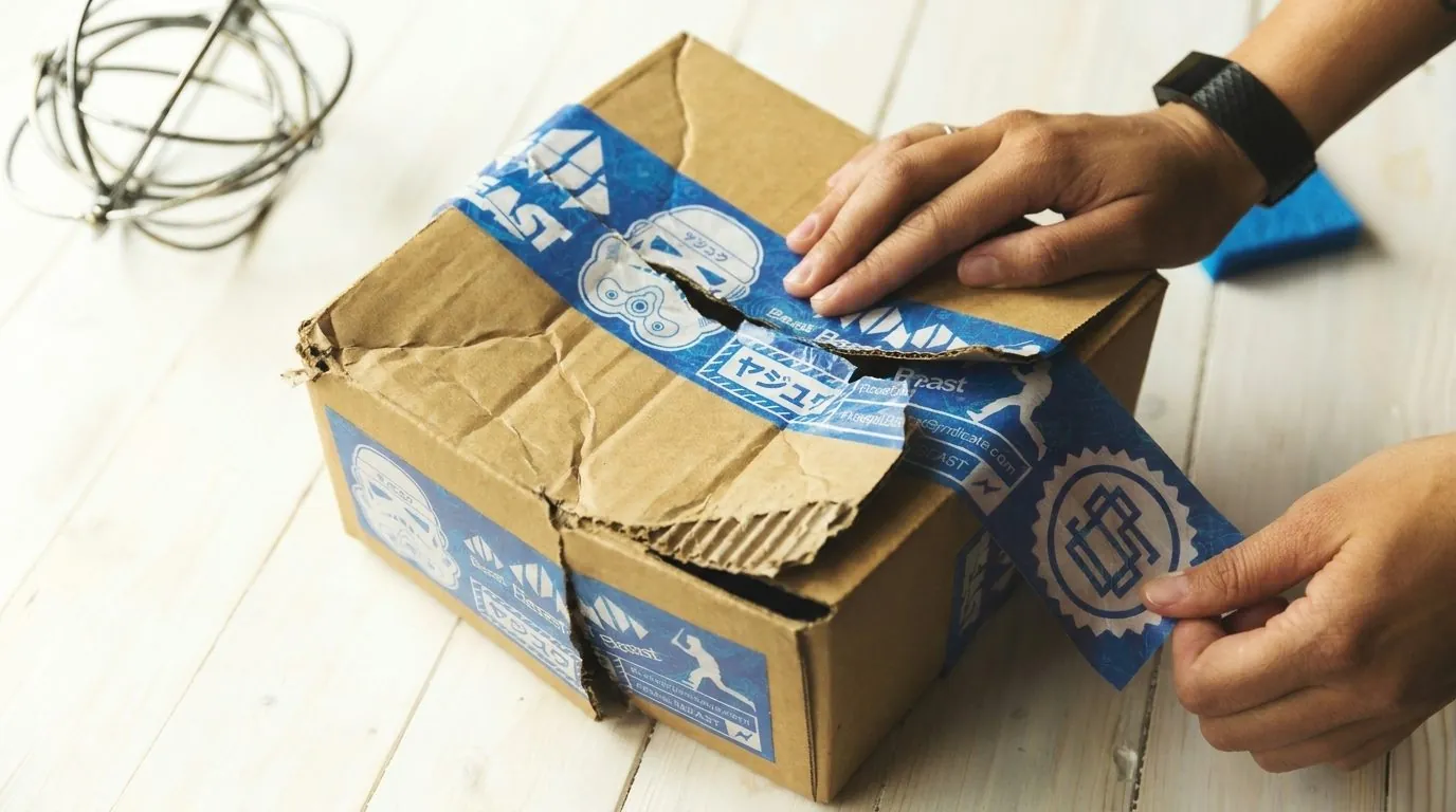 Foto de devolución: caja de cartón rota, editada digitalmente