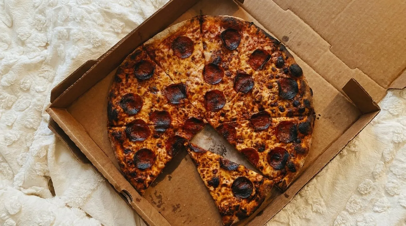 Foto de reclamo de delivery: pizza quemada, editada con IA